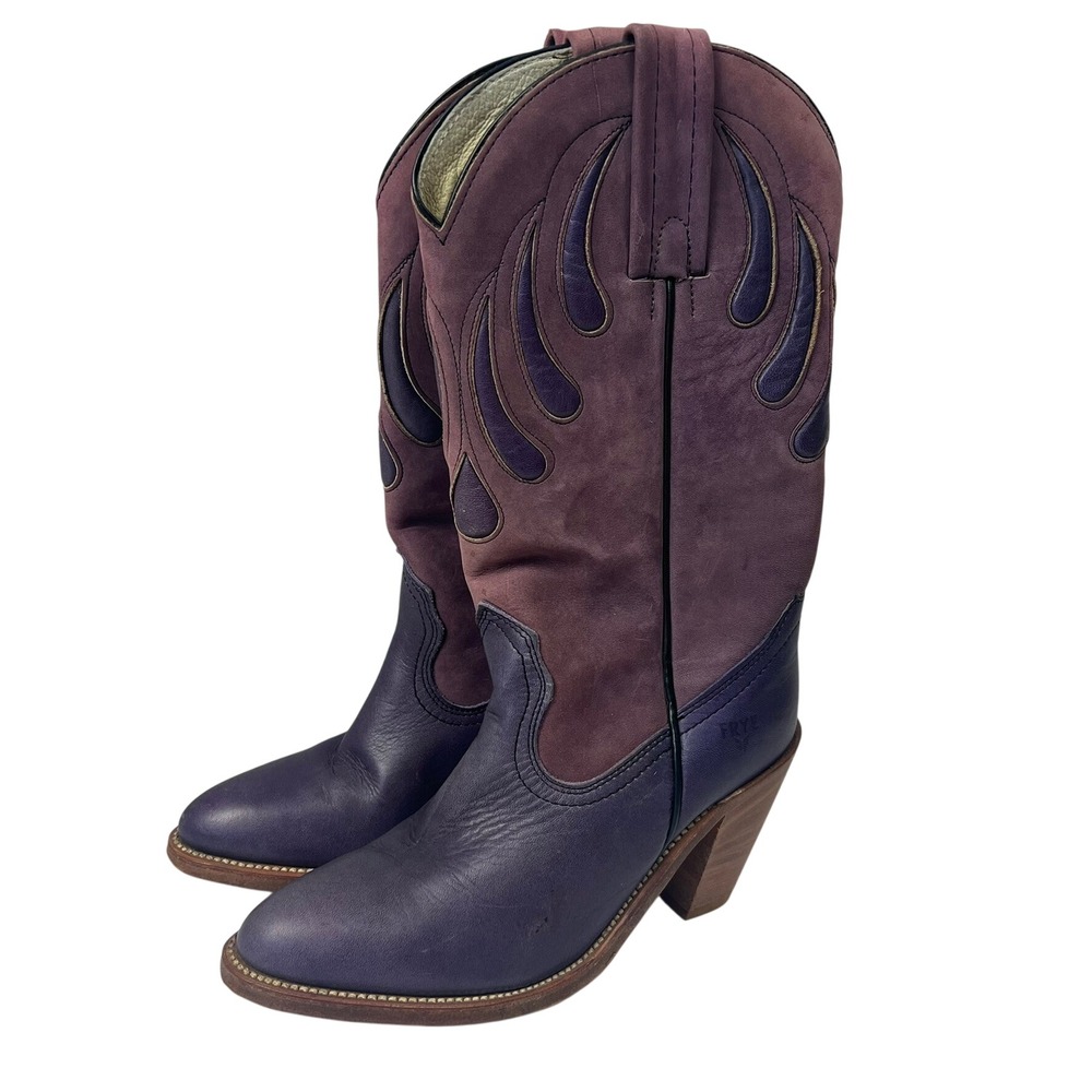 VTG 70s FRYE‎ Womens Cowboy Boots Purple Leather Flame Stitch sz 5.5 Cowgirl